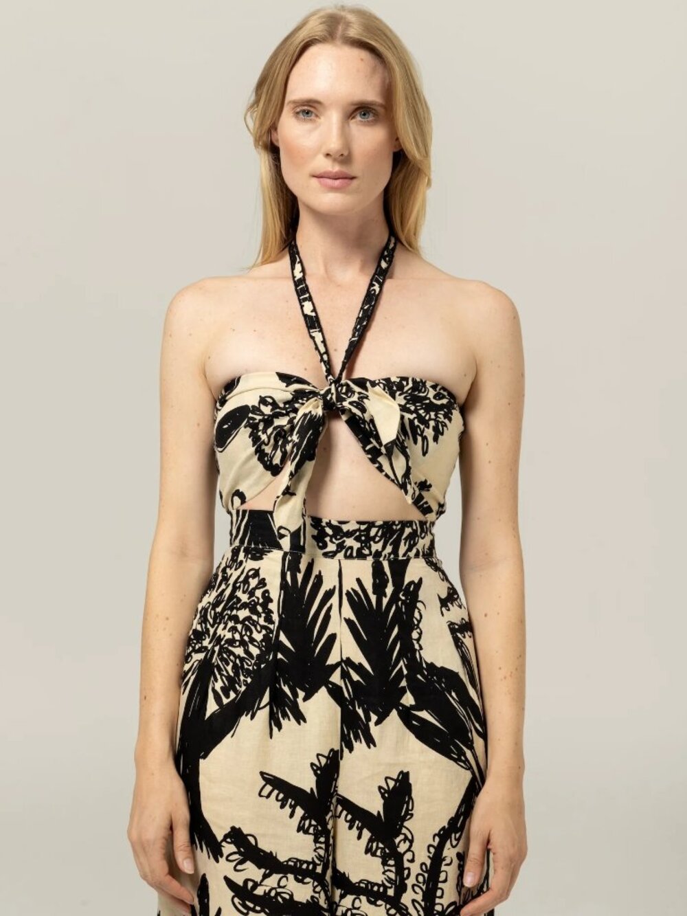 Bel Kazan Calista Ivory & Black Lagoon Floral Print Linen Top XS